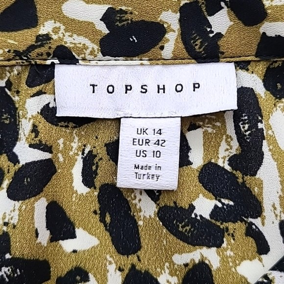 Topshop Long Sleeve Button Up Blouse Abstract  Animal Print Mustard Black US 10 - Picture 7 of 15